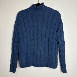 LL Bean Women's Blue Cable Knit Mock Neck Fisherman Sweater Size LG